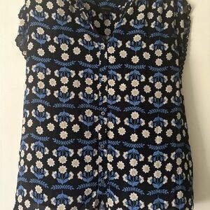 Ann Taylor Blue and White Sleeveless Blouse with Mandarin Collar